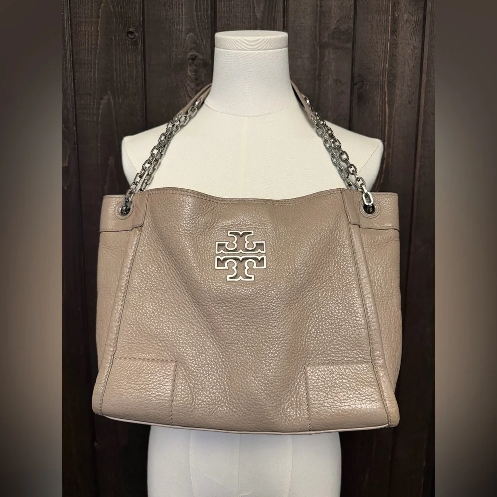 Women’s Tory Burch French Gray Pebble Leather Handbag Shoulder Bag Silver Chain